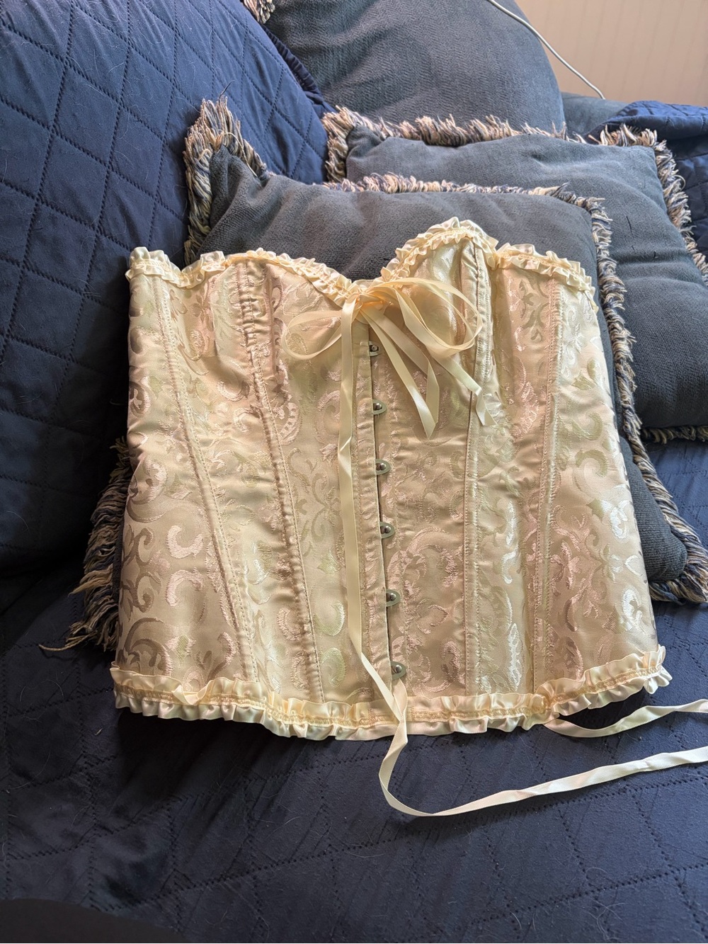 NEW: Ivory Satin Brocade Corset Top with Ribbon Detail